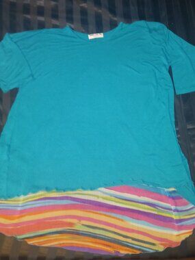 Shane Lee Blue Mid-Sleeve Top with Rainbow Striped Ruffle Hem - Women's XL